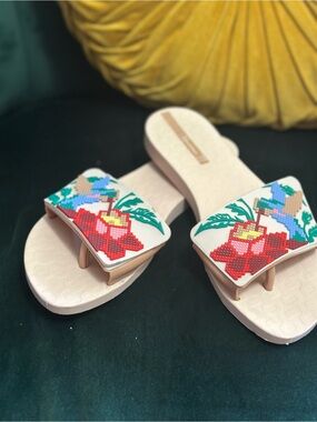 Faux Embroidered Floral Print Women’s Nautical Garden Party Slide Sandals